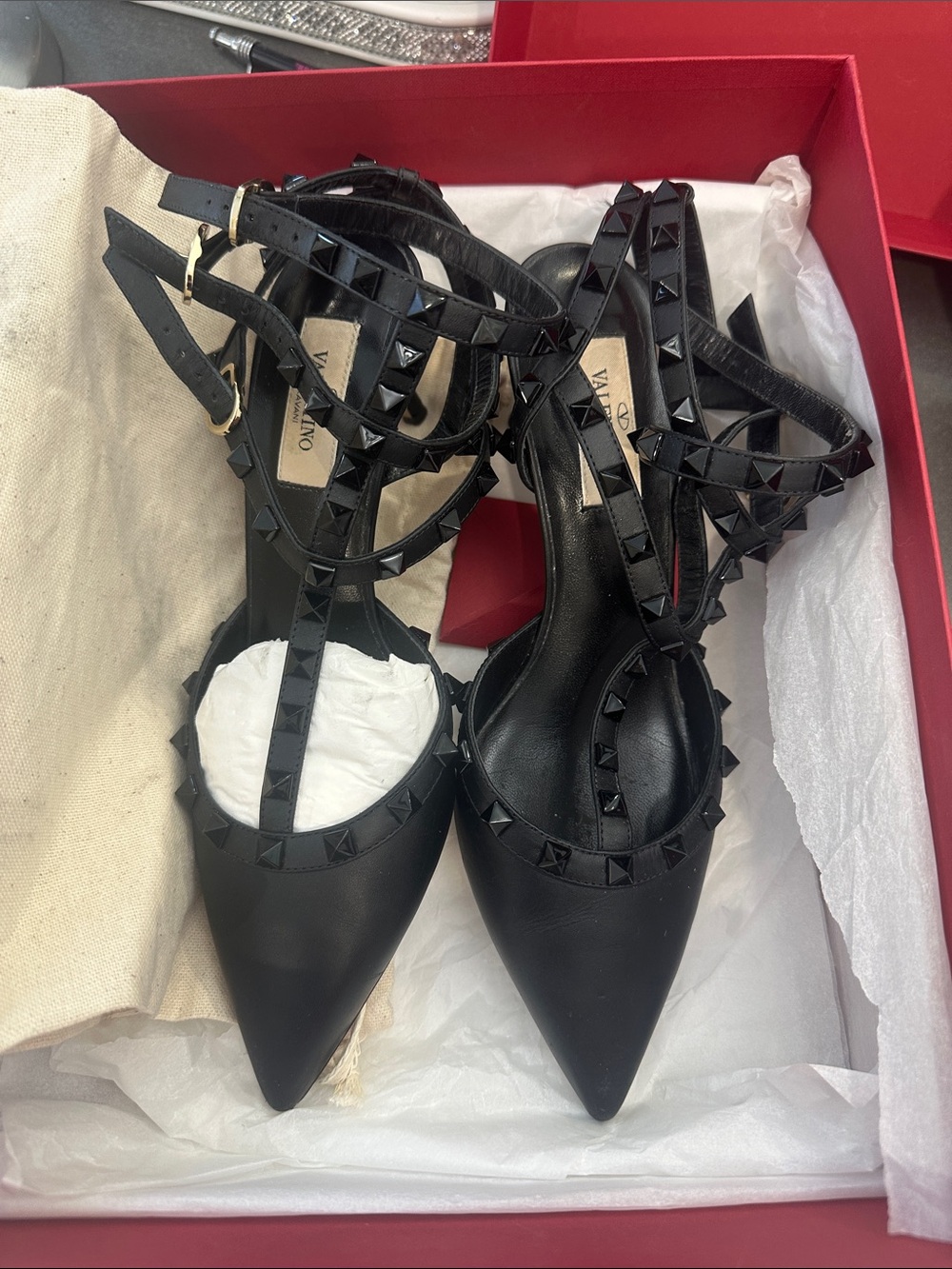 Valentino Garavani Black Pyramid-Stud Pointed-Toe Ankle Strap 2.5 inch Heel